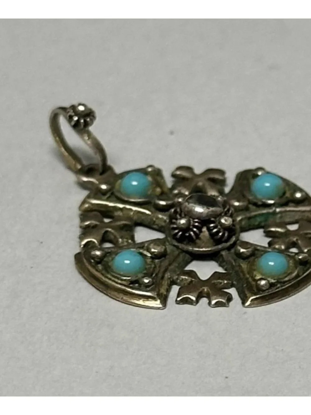 Vintage Jerusalem Cross Pendant Silver Tone Turquoise Stones 1 Inch